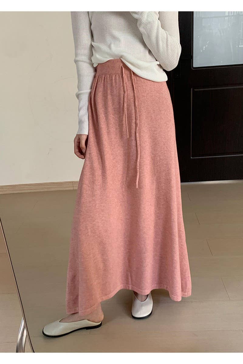 CWBLS0300_SOLID COLOR DRAWSTRING LONG KNIT SKIRT