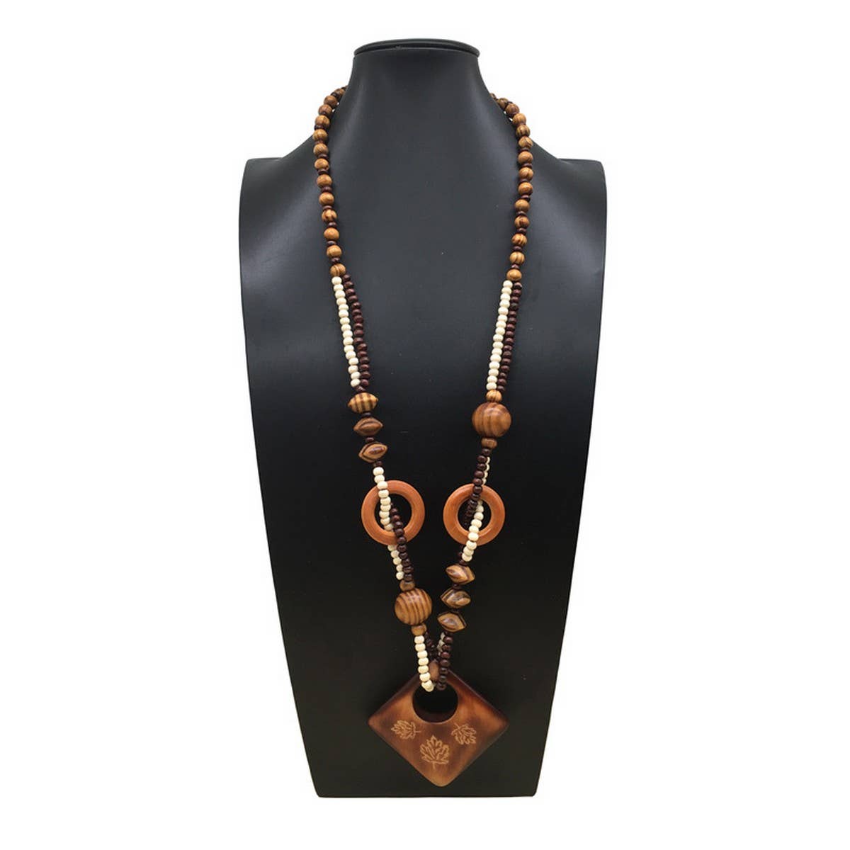 WOODEN BEADS CUBE HEART PRINT LONG NECKLACE_CWMM4918