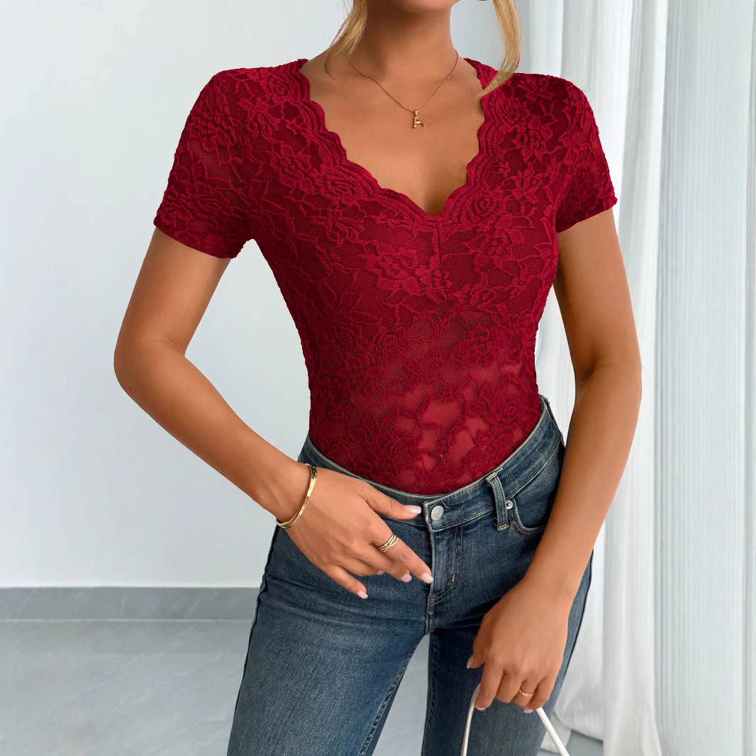 Solid-color lace V-neck short sleeve lace T-shirt