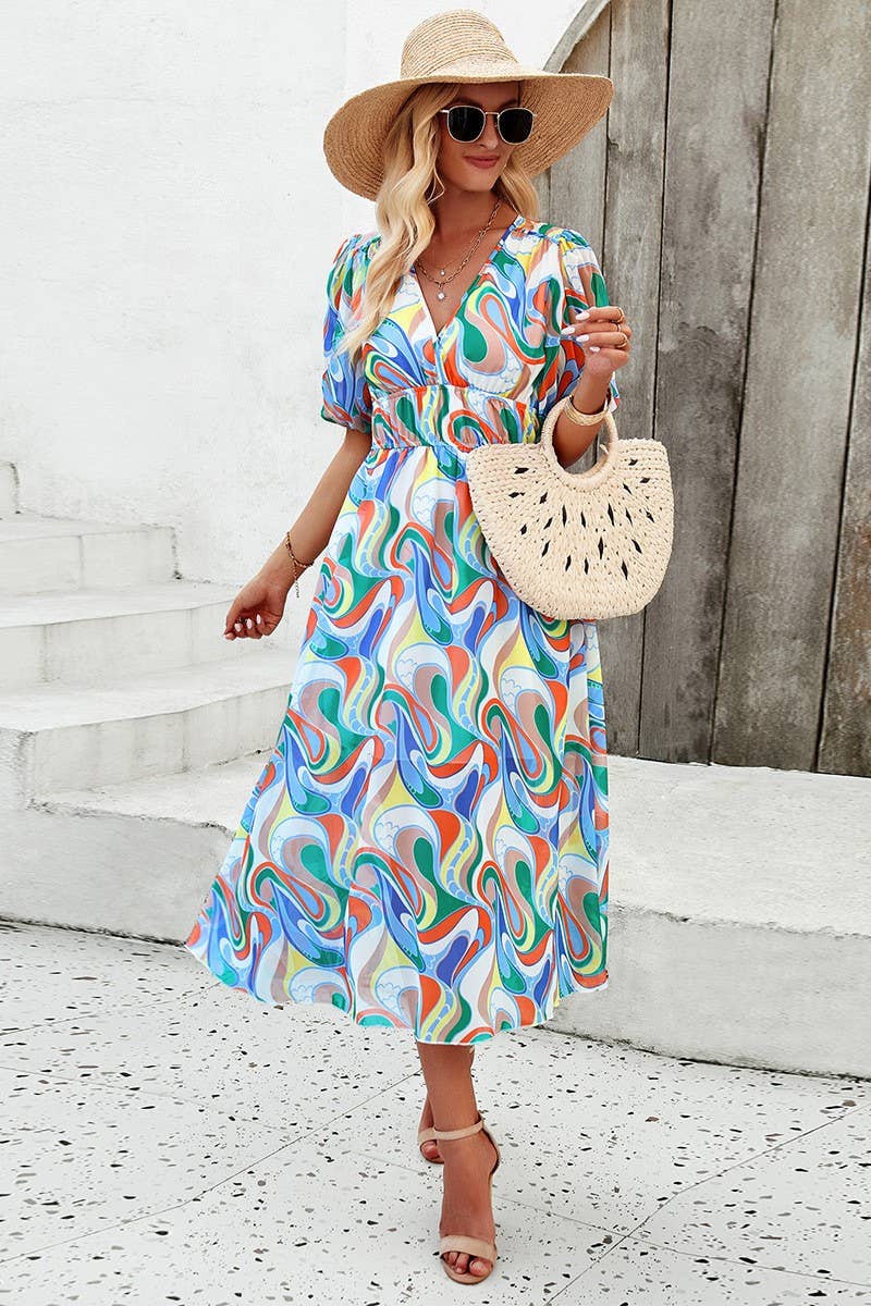 CWDMD0995_Deep V-Neck Short Sleeve Floral Print Midi Dresses