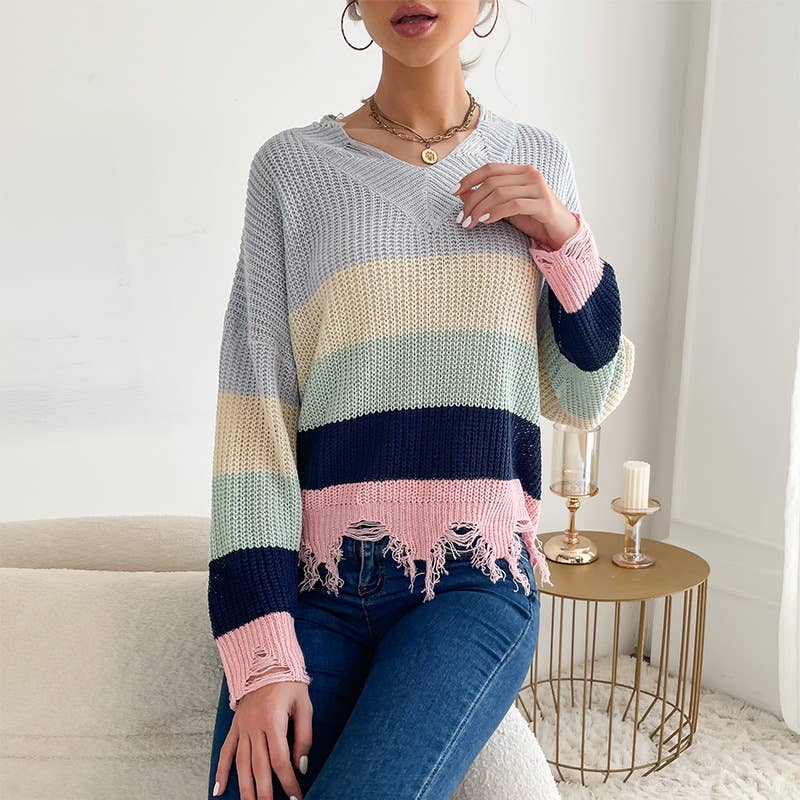 STRIPED V-NECK SWEATER IN CONTRASTING COLORS