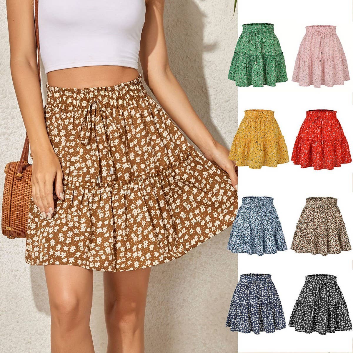 HIGH WAIST PRINTED SKIRT FLORAL SHORT SKIRT_CWAB4795