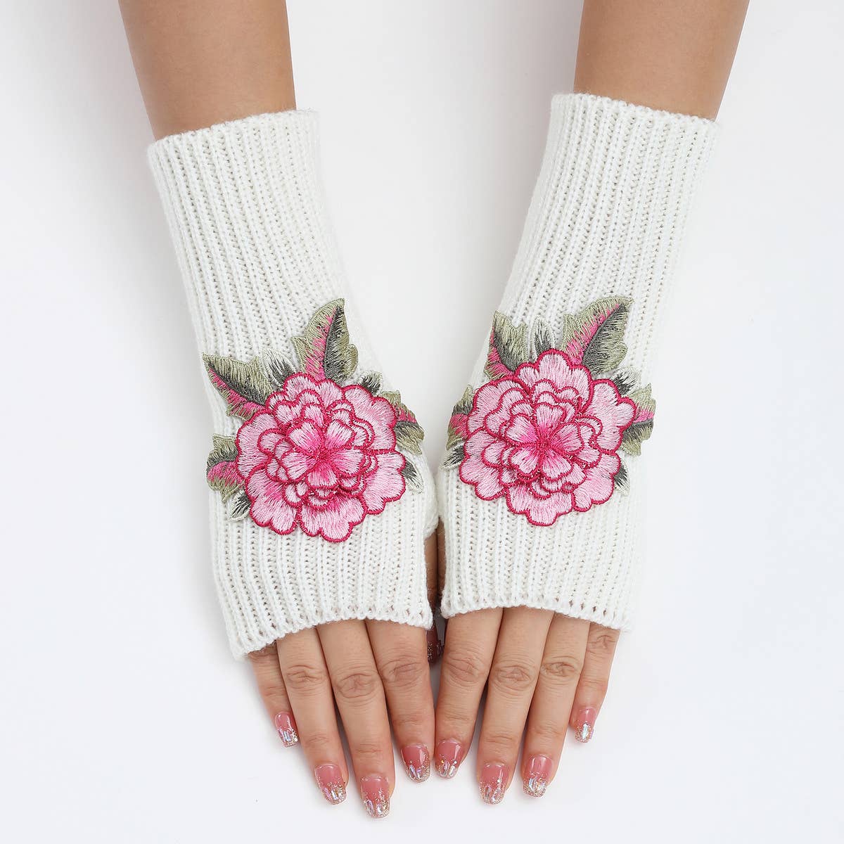 FLOWER WARM KNITTED WOOL GLOVES AND SLEEVES_CWAG0109