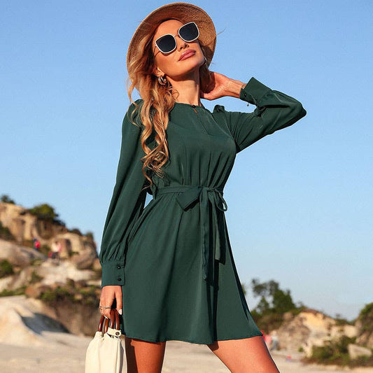LACE-UP CREW NECK LONG SLEEVE WAIST DRESS