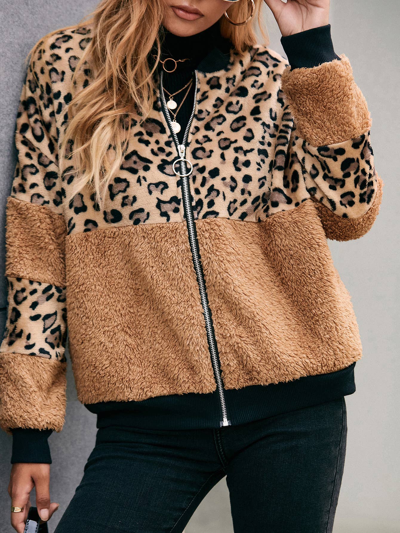 LEOPARD PRINT PATCHWORK PLUSH ZIPPER FUR COAT