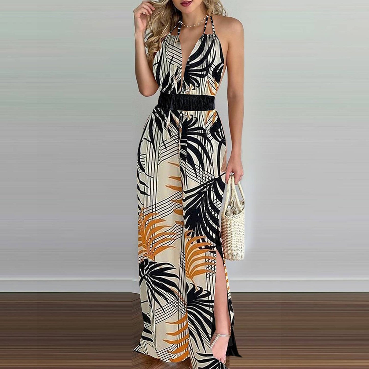 Printed colorful loose cinched-waist jumpsuit