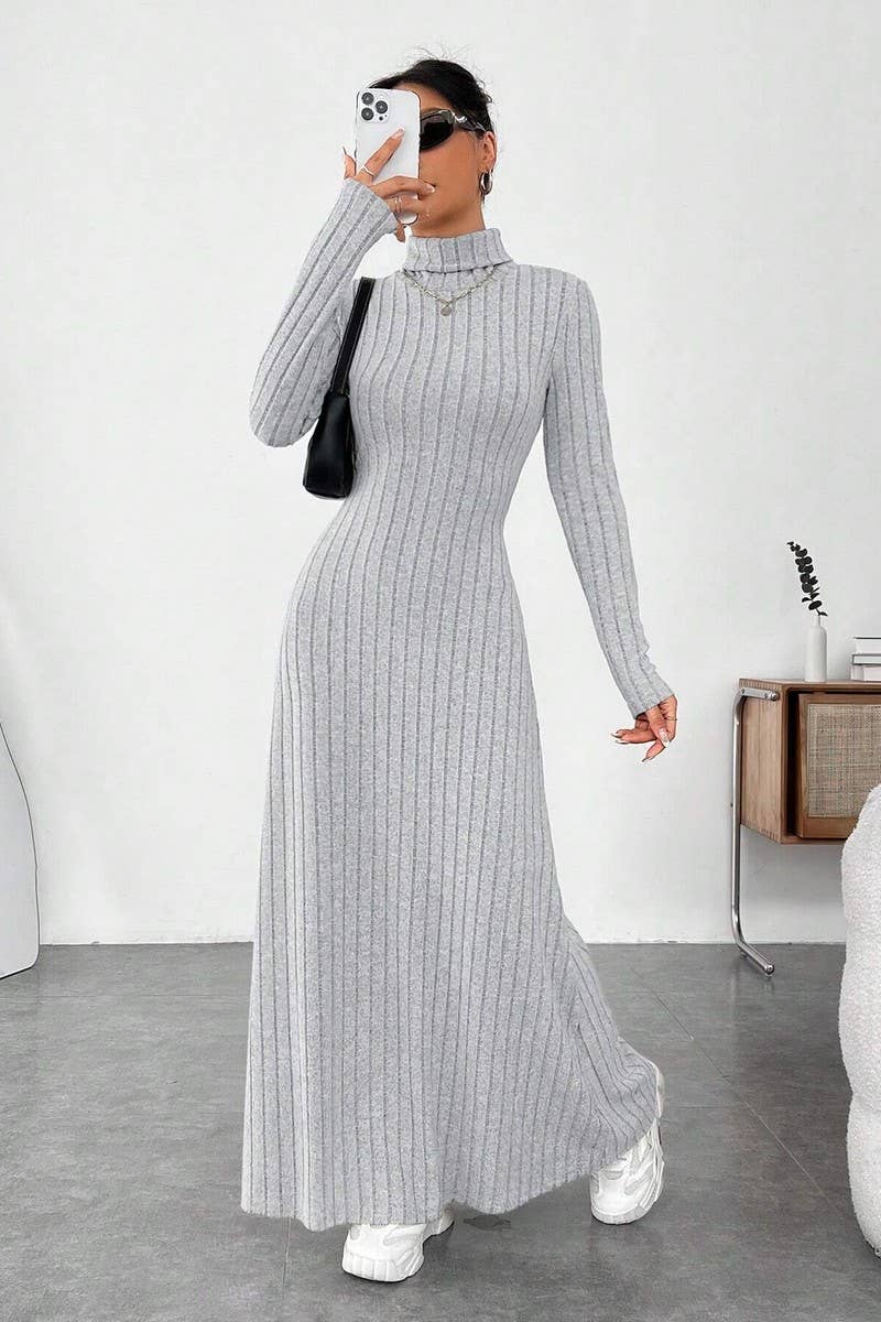 CWDMD00973_TEMPERAMENT SLIM HIGH COLLAR SOLID COLOR DRESS
