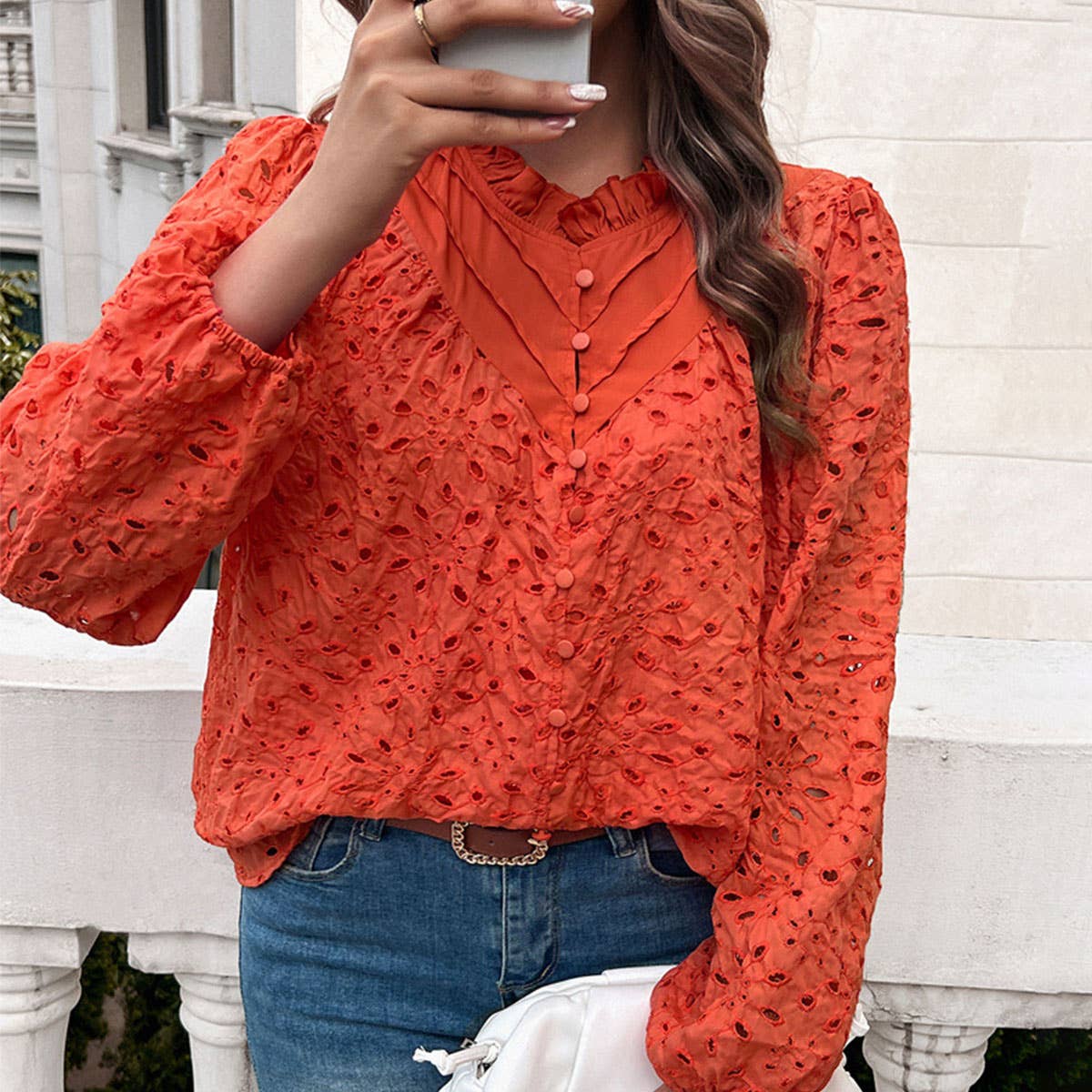 Temperament hollow embroidery long sleeve top