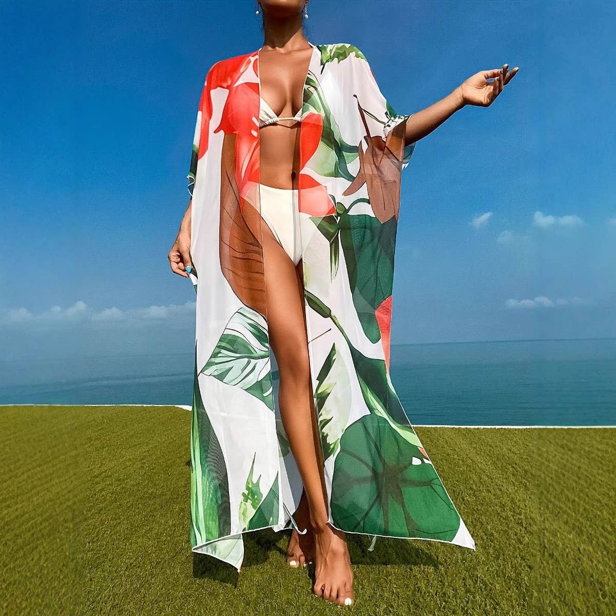 Plant Print Mesh Long Beach Cover-Up, Boho Style_CWBLS0470