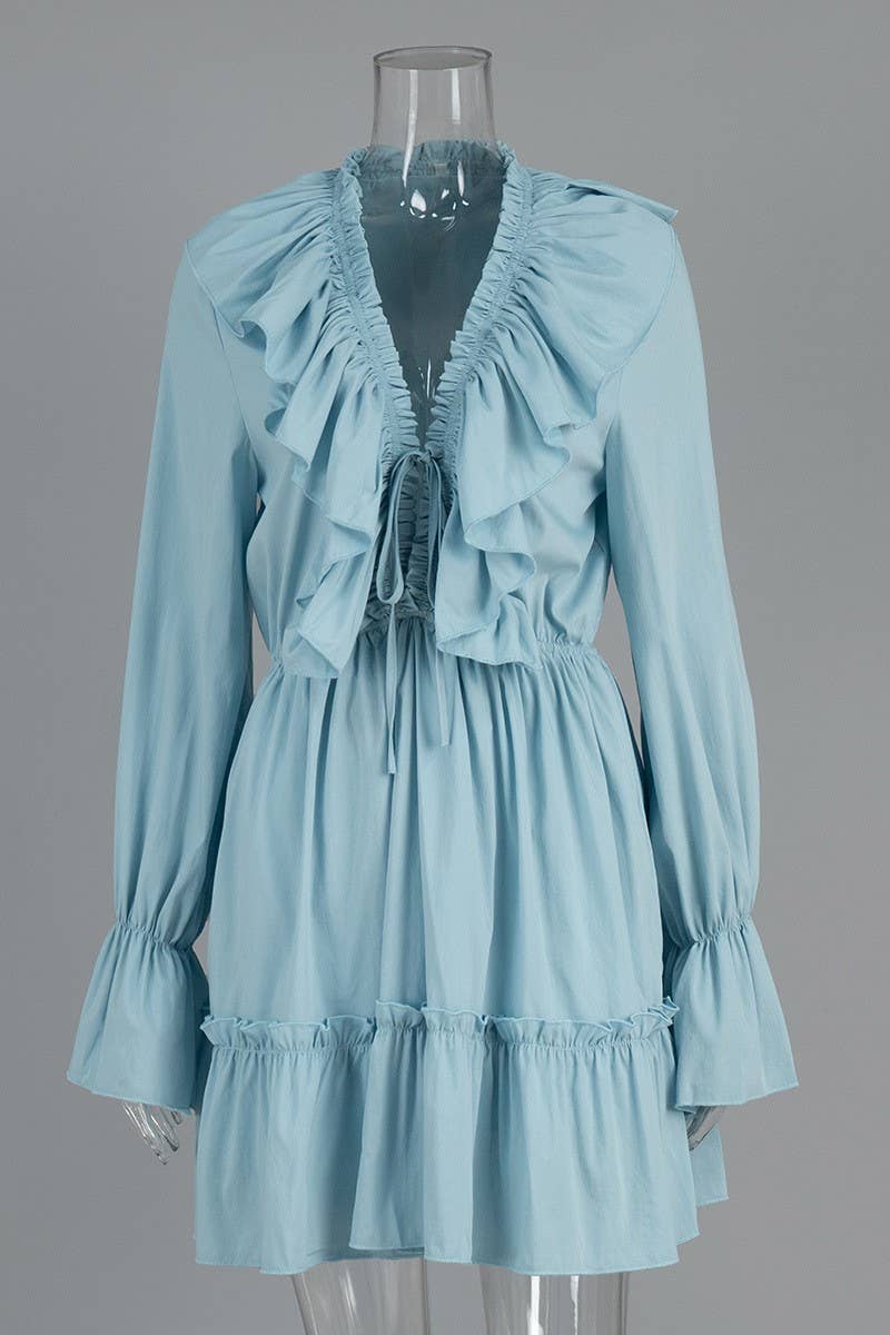 CWDSD7805_V-NECK BELL SLEEVE SHORT CHIFFON DRESS