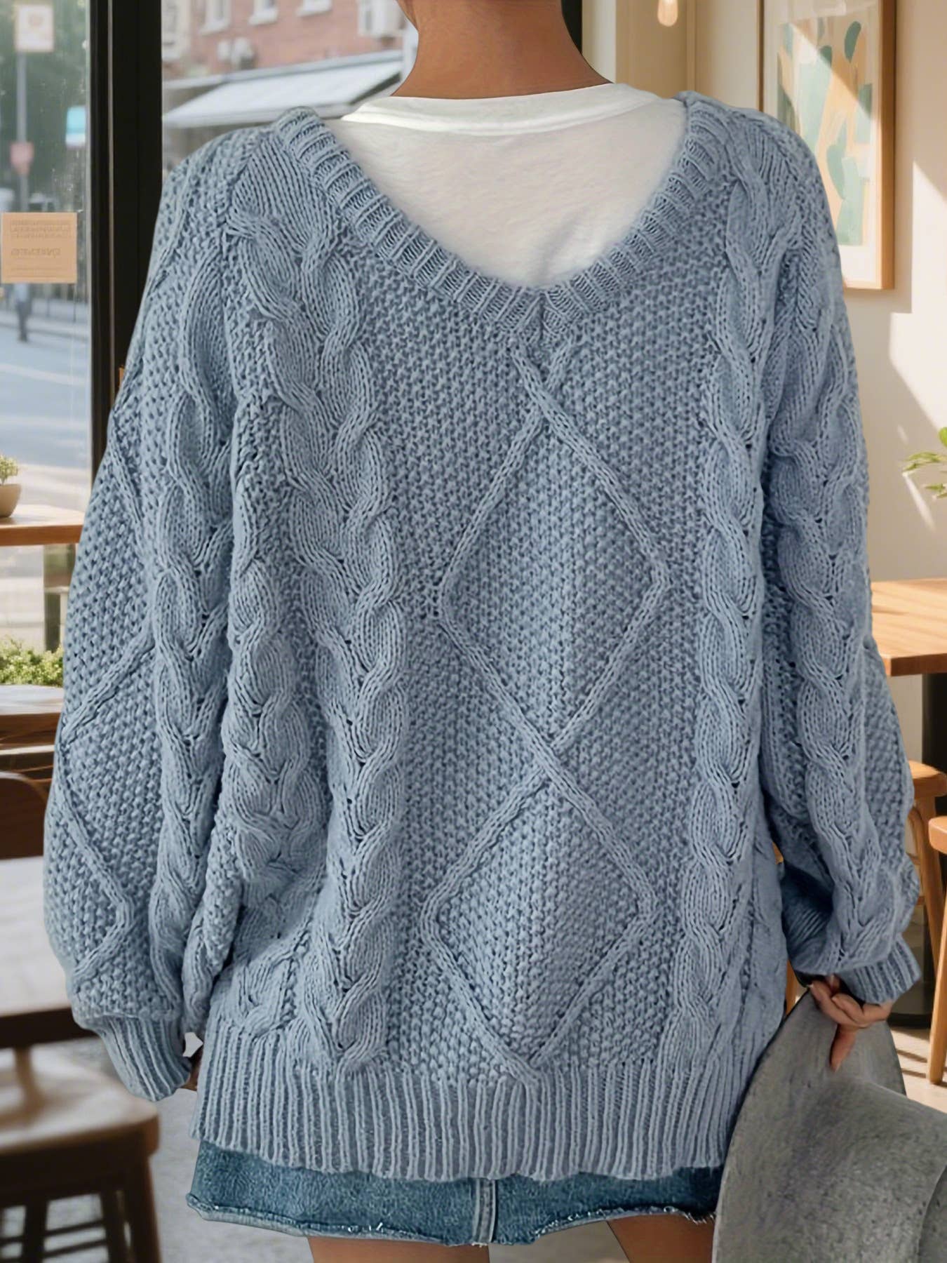 Solid-color diamond-check loose knitted cardigan