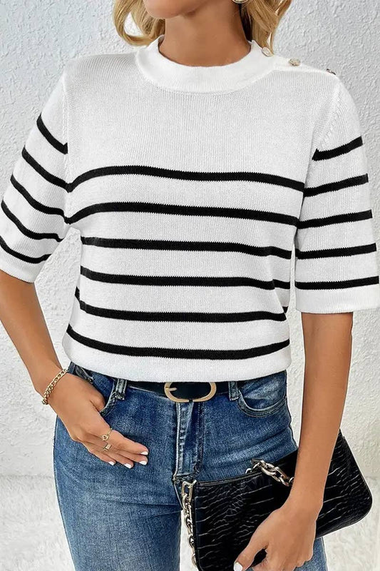 Cwtts1309_Striped Fashion Round Neck Short Sleeve Sweater