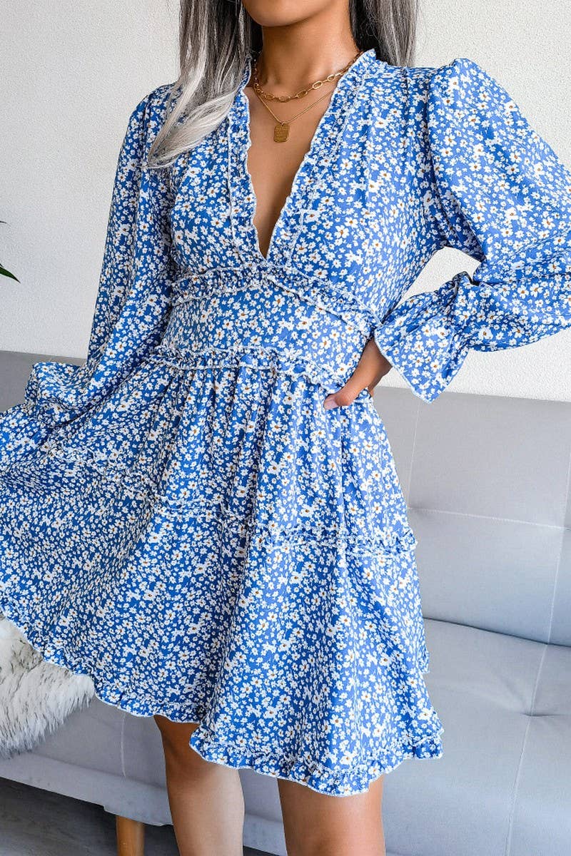 SEXY V NECK FLORAL LONG SLEEVE CHIFFON DRESS_CWDSD2502