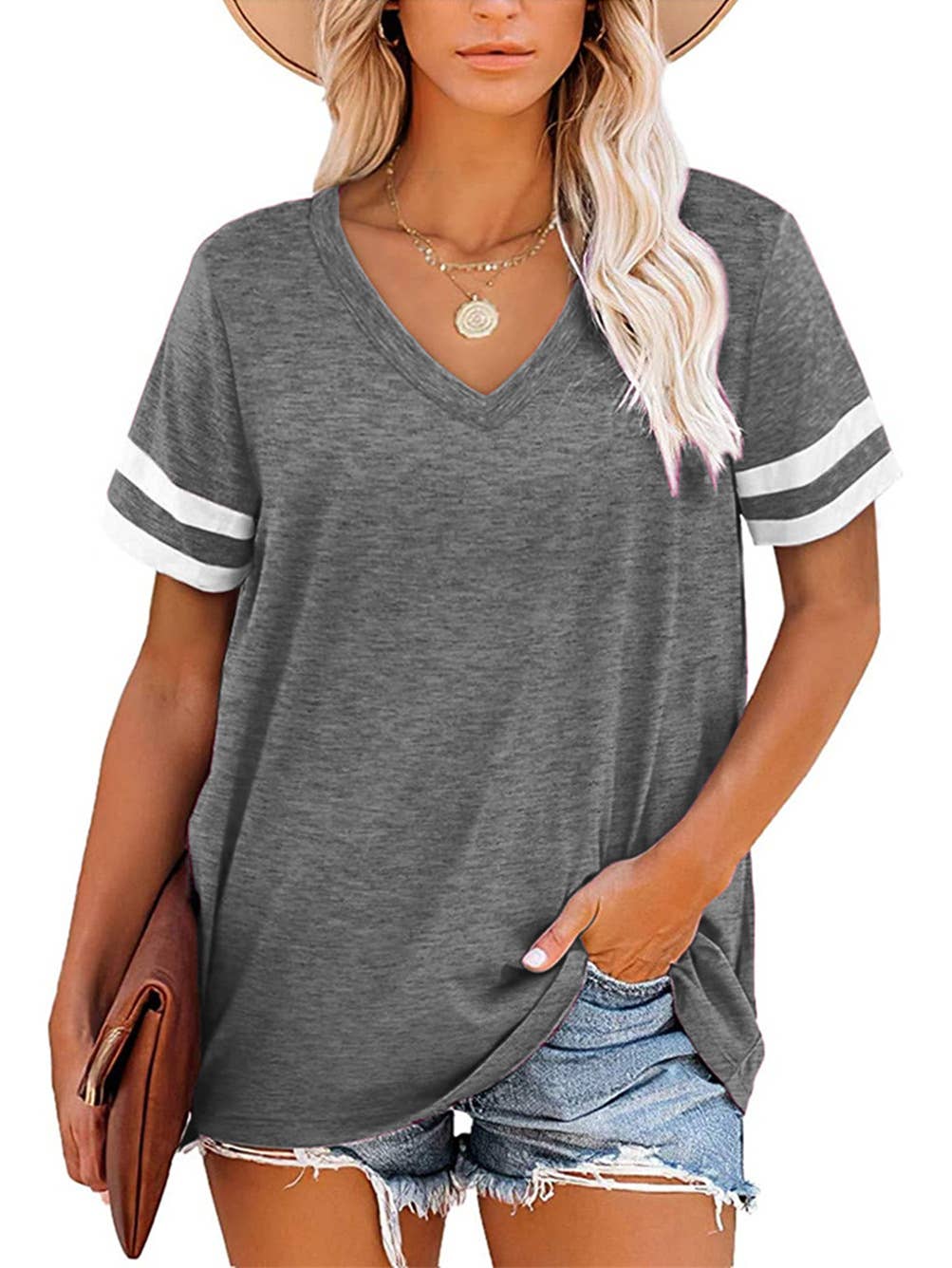 V-NECK SHORT SLEEVE COLOR MATCHING LOOSE TOP