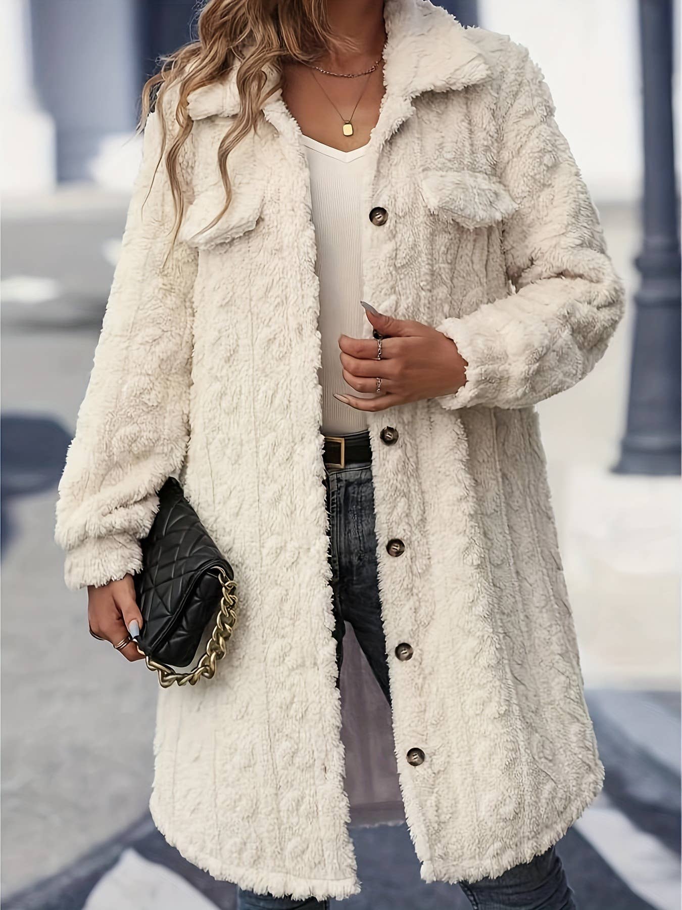 Lapel button double-sided plush long coat
