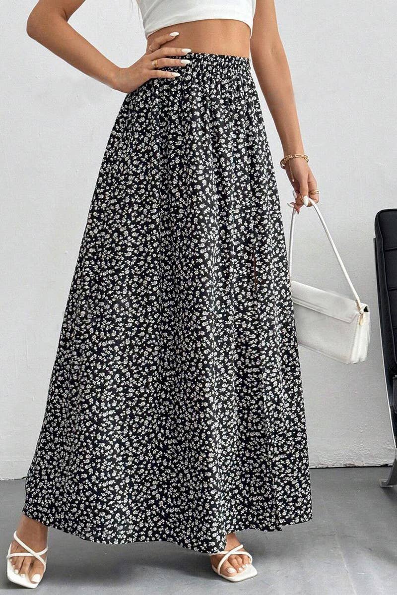 Floral printed high slit long skirt