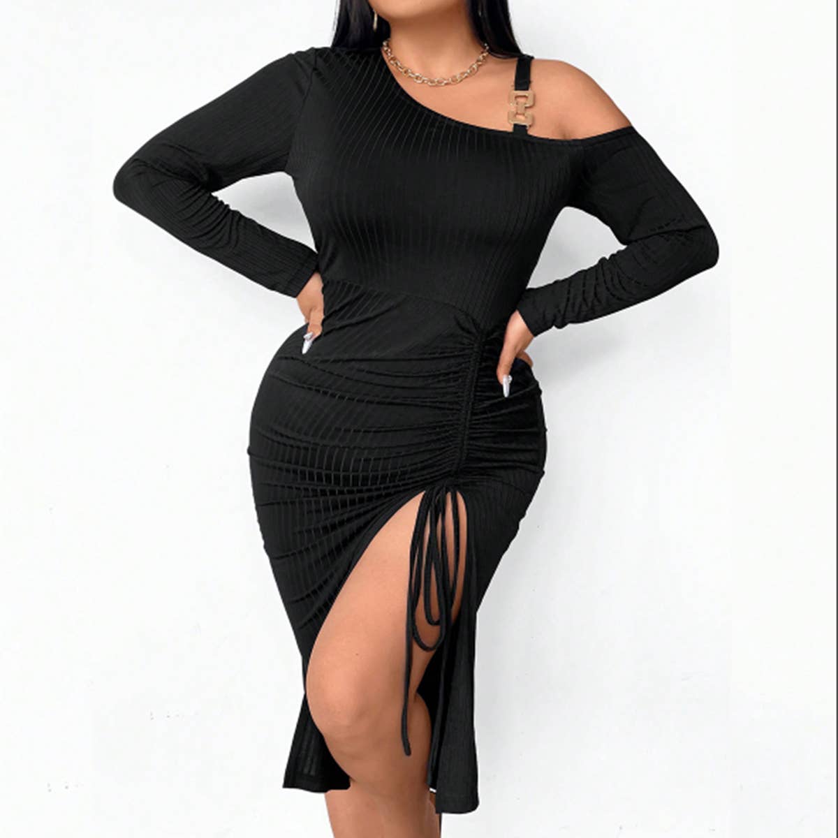 Off-Shoulder Asymmetrical Cinched Bodycon Dress_CWDMD6053