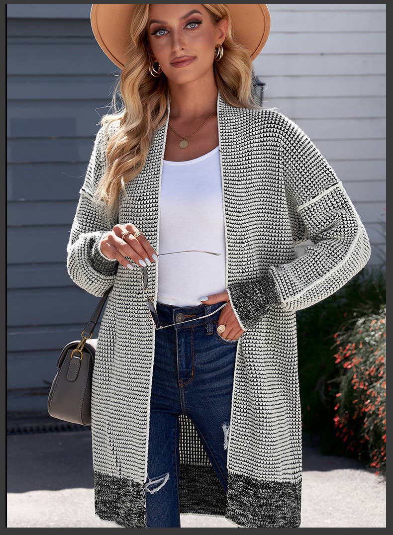 Solid color medium long knit cardigan jacket for women