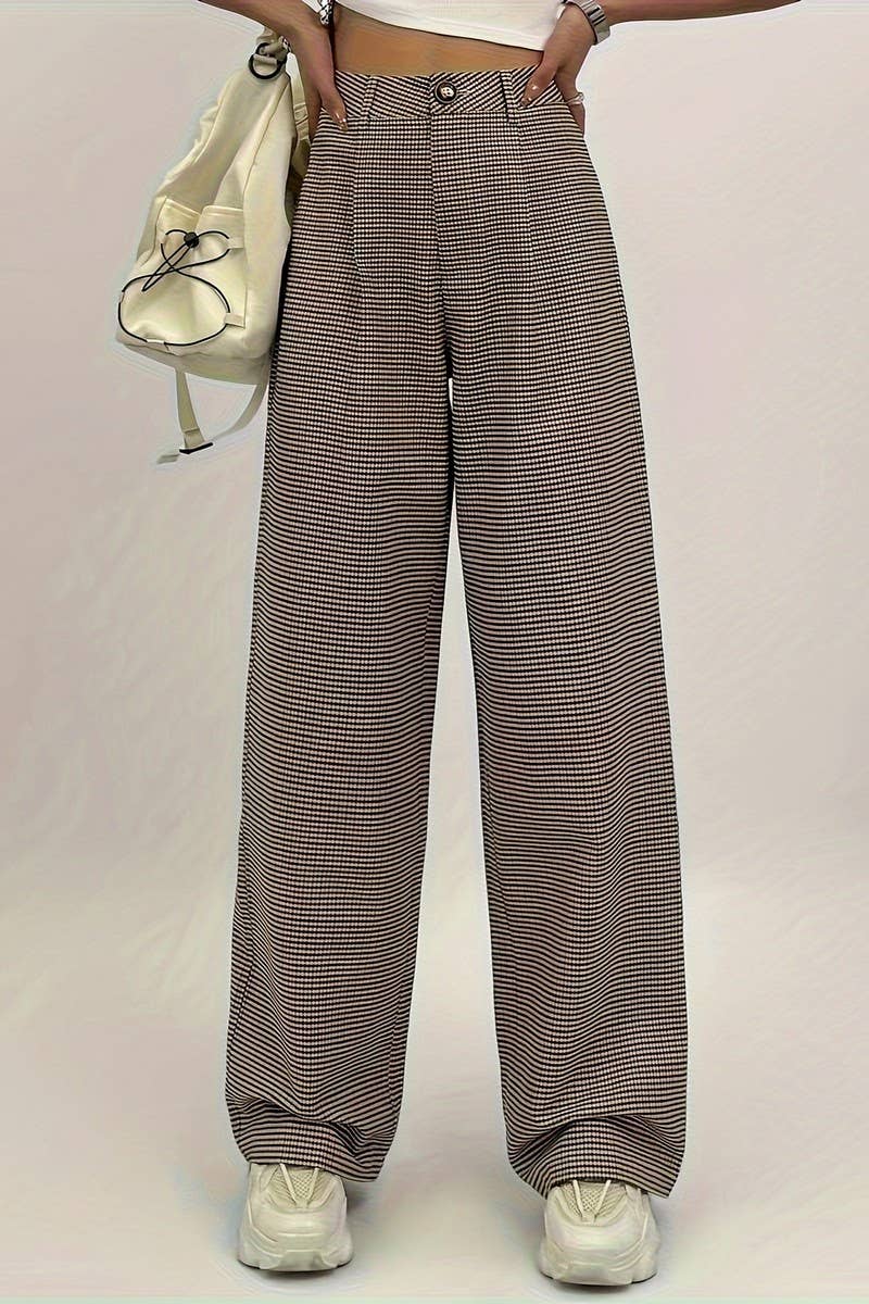 CWBLP1121_HIGH-RISE CHECKED WRINKLED STRAIGHT-LEG TROUSERS