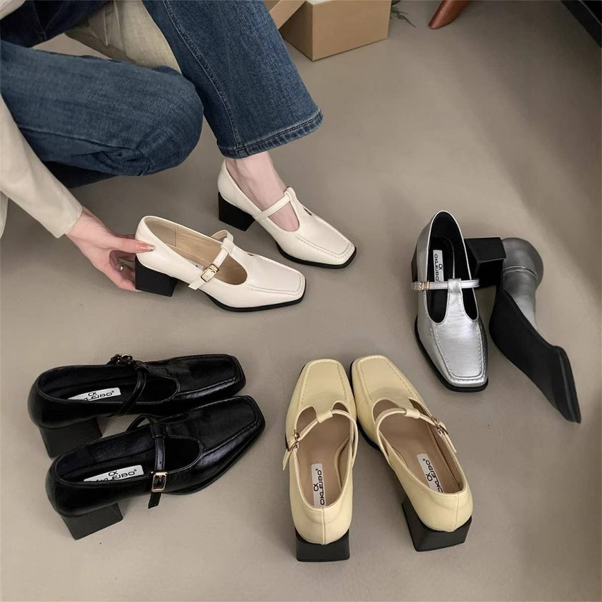 Silver Mary Jane Shoes Women Chunky Heel