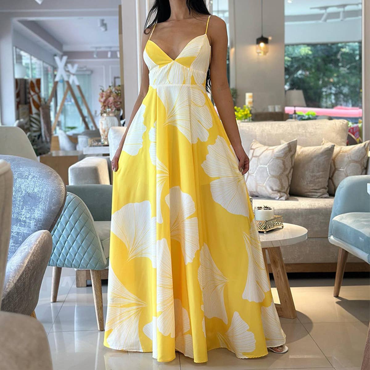 Abstract floral print mid-length swing halter dress