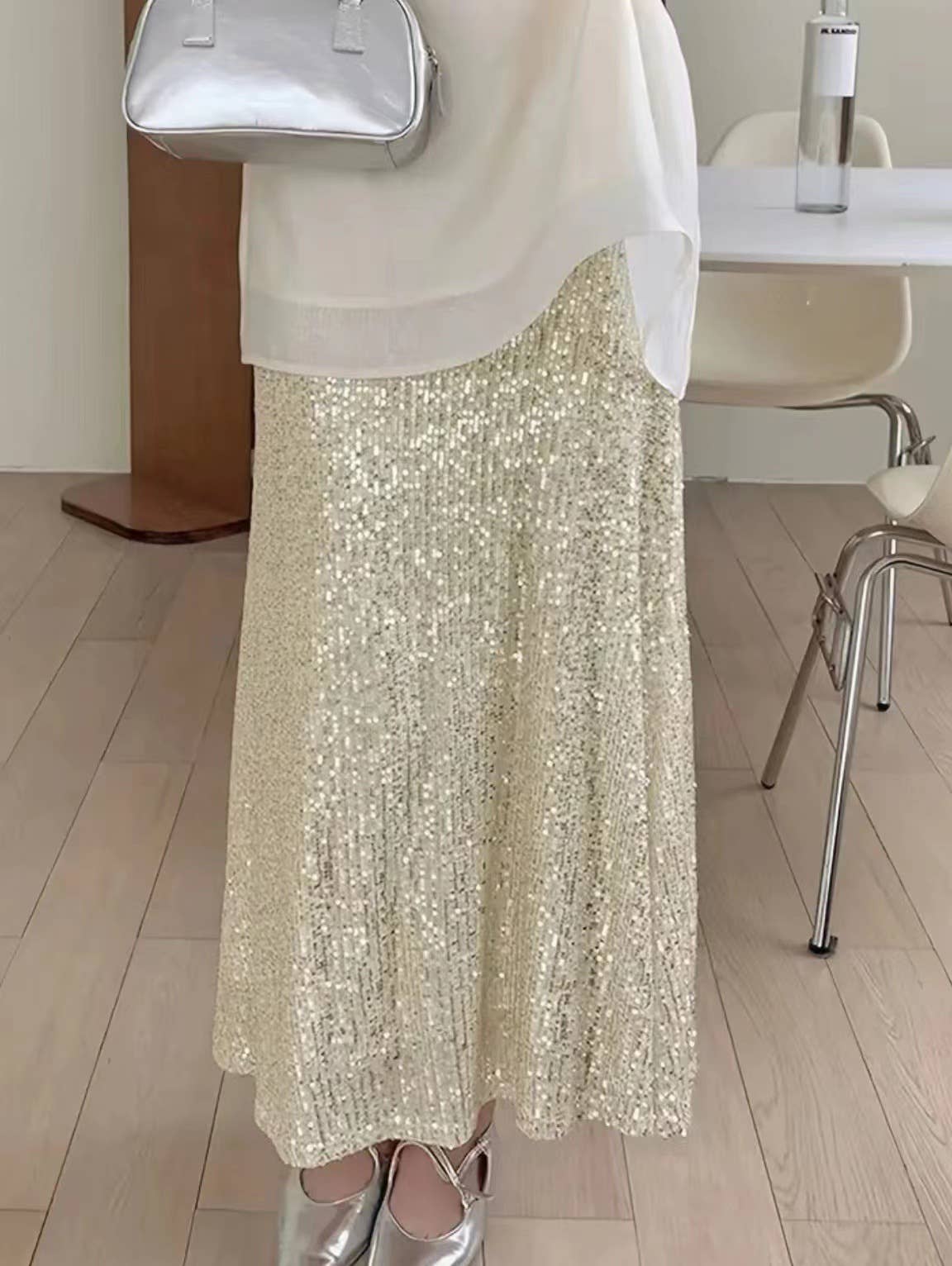 Sequined high-waisted inner elastic drape skirt