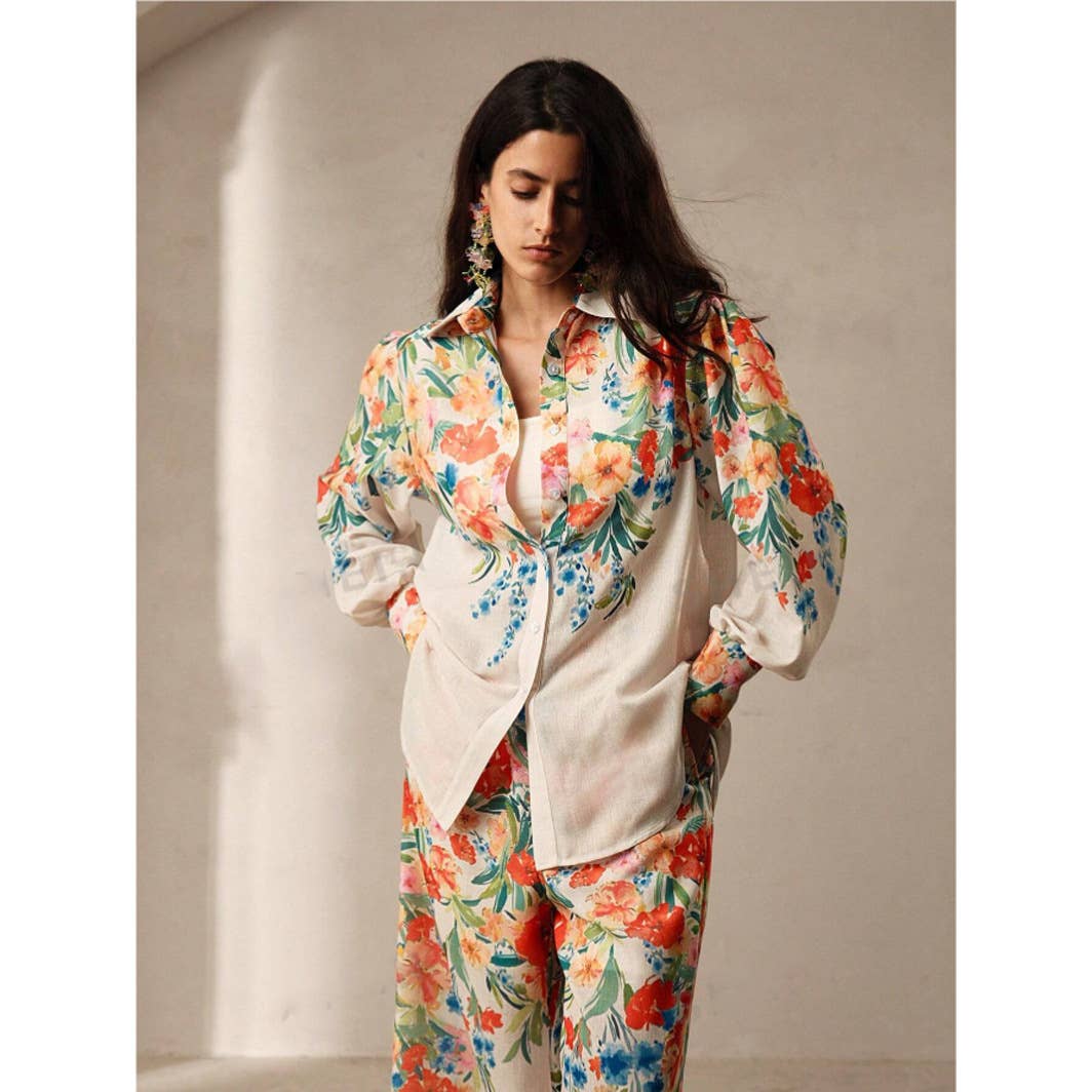 Fashion floral printed shirt and trousers set
