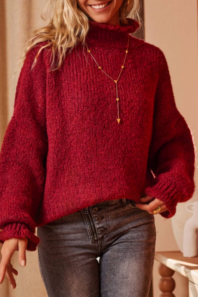 CWOSWL07058_HIGH-NECK RED LOOSE CARDIGAN KNITTED TOP