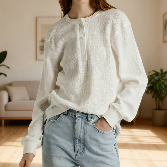 Waffle round-neck semi-open long-sleeved T-shirt