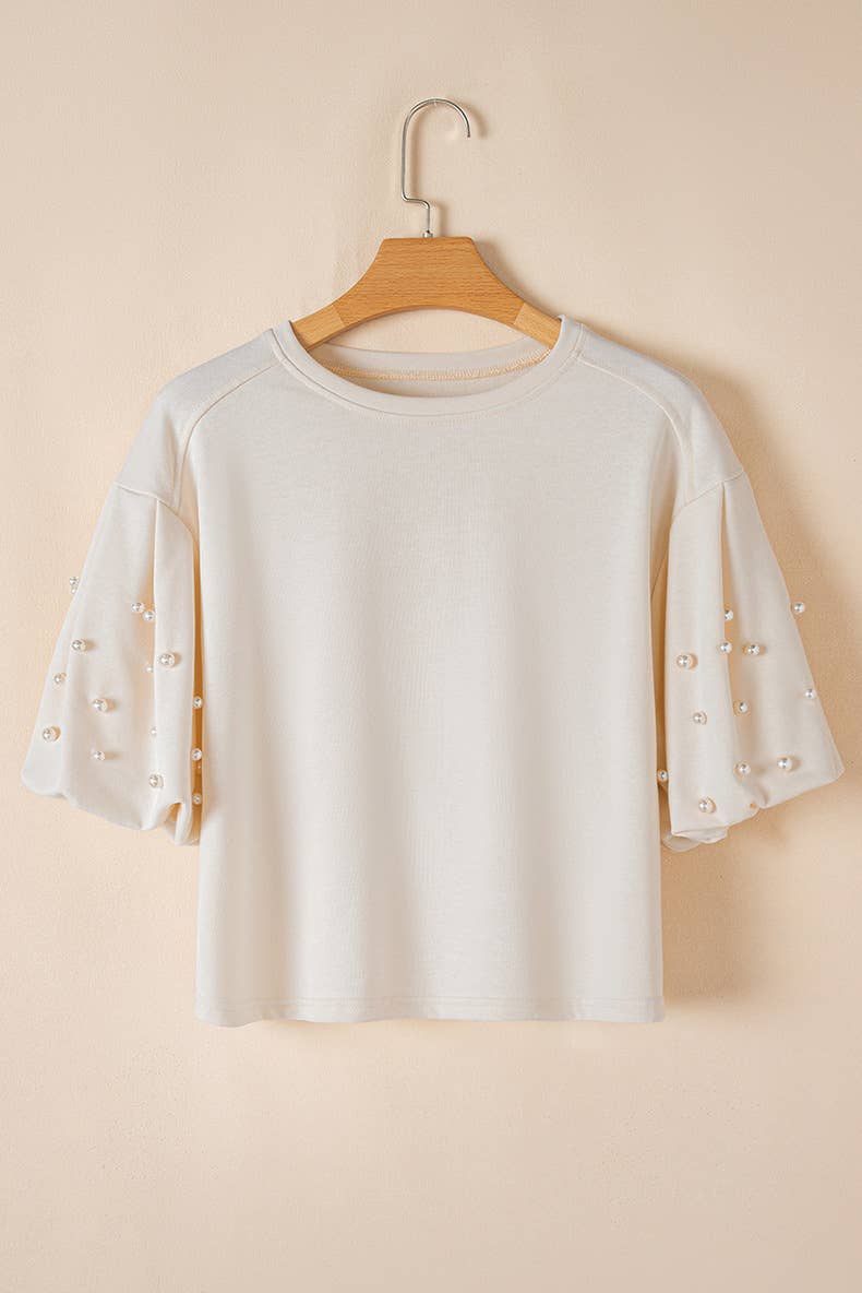 Stylish crew neck studded bubble sleeve pullover