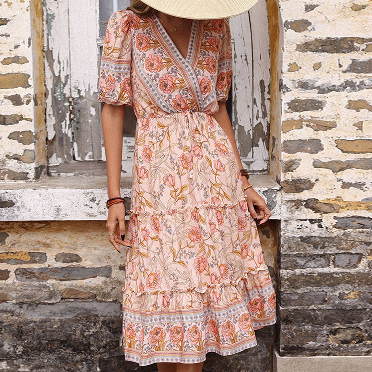 Mushroom edge printed V neck dress_CWDMD1507