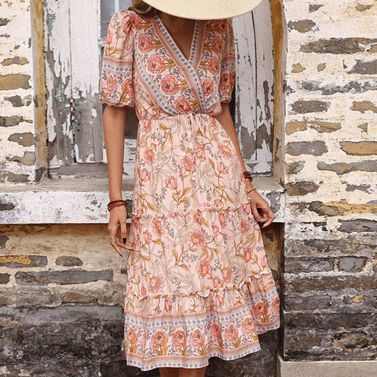 Mushroom edge printed V neck dress_CWDMD1507