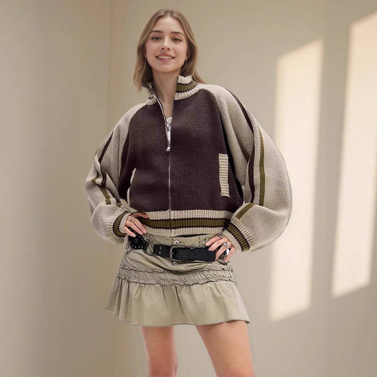 American retro loose zipper knitted coat