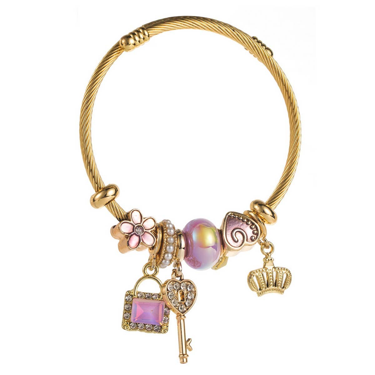 Adjustable Gold Bracelet with Crown, Key & Heart_CWMM8565