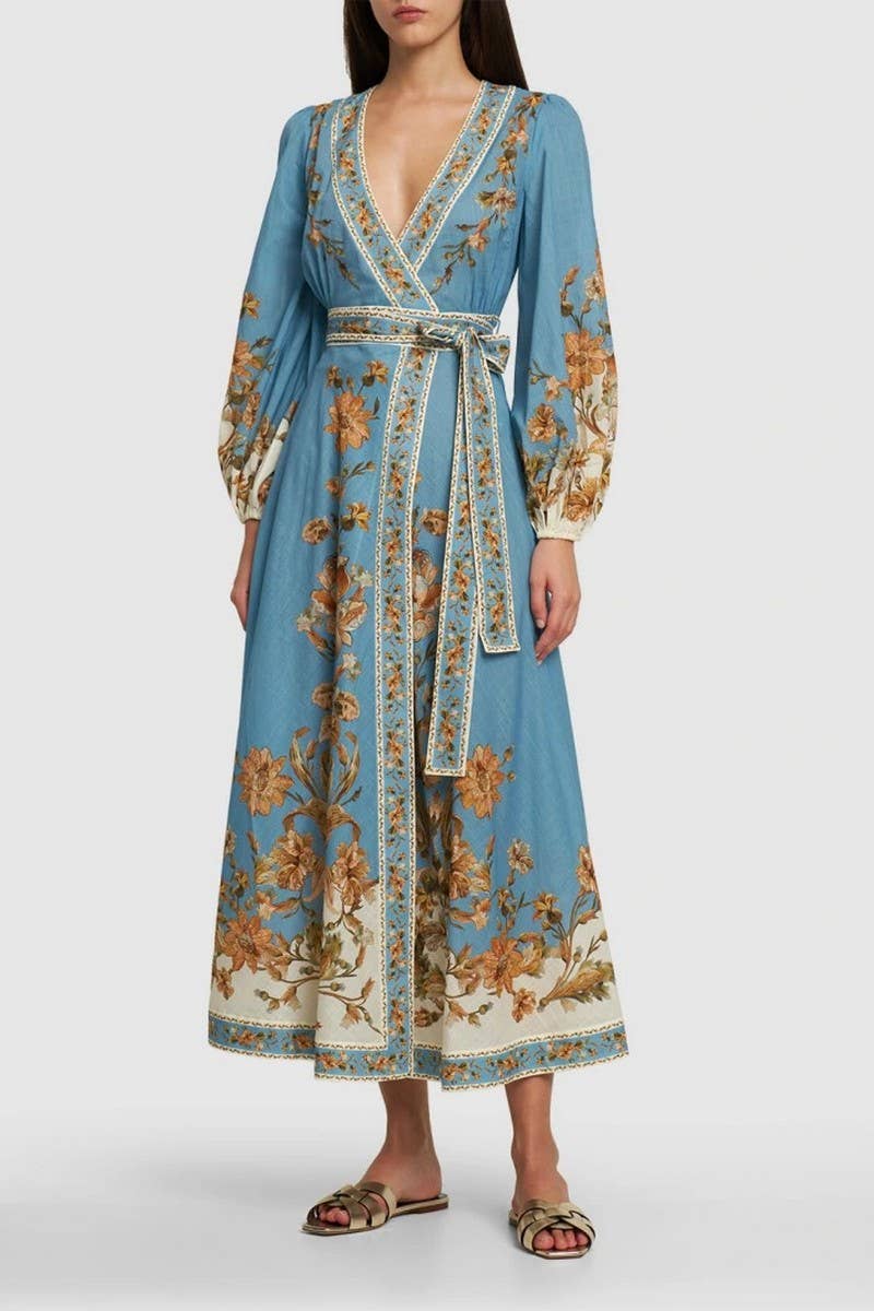 CWDMD5739_V-NECK FASHIONABLE PRINTED LONG-SLEEVED TIE DRESS