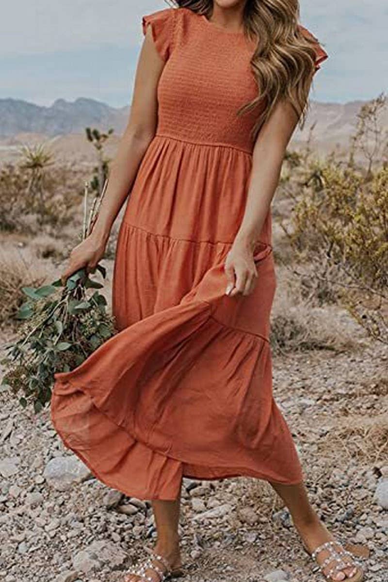 CWDMD2568_FLYING SLEEVE SHIRRED LAYERED SHORT SLEEVE DRESS