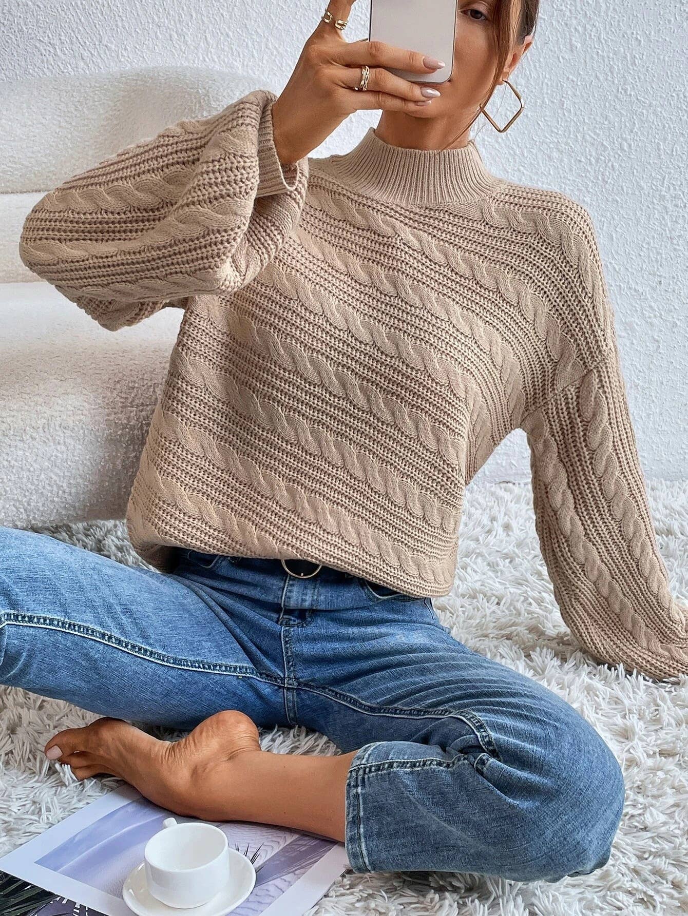 SOLID COLOR LOOSE CREW NECK PULLOVER SWEATER