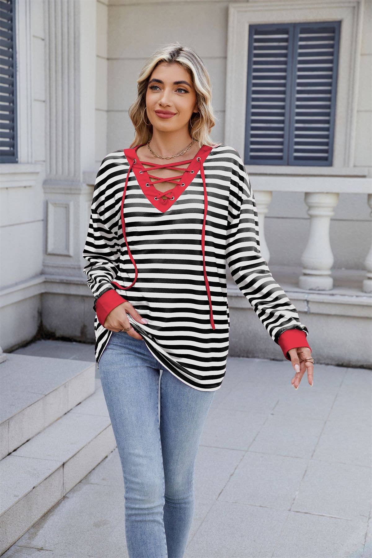 Striped V-neck fashion sexy lace-up sweatshirt