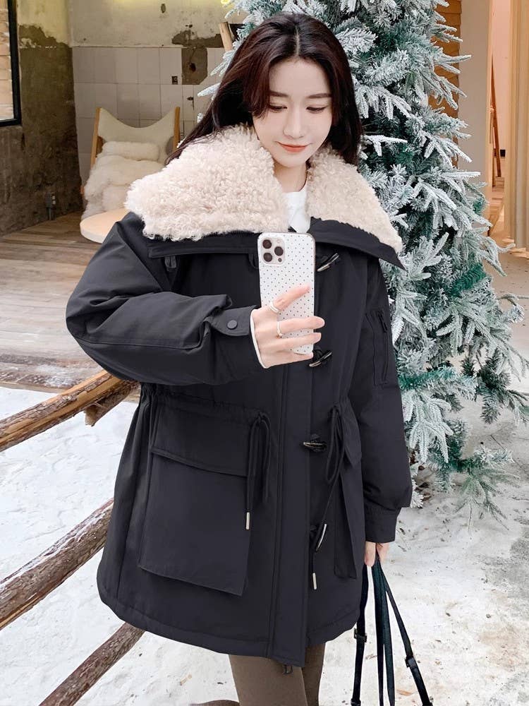 Large lapel horn buckle waist cottons jacket