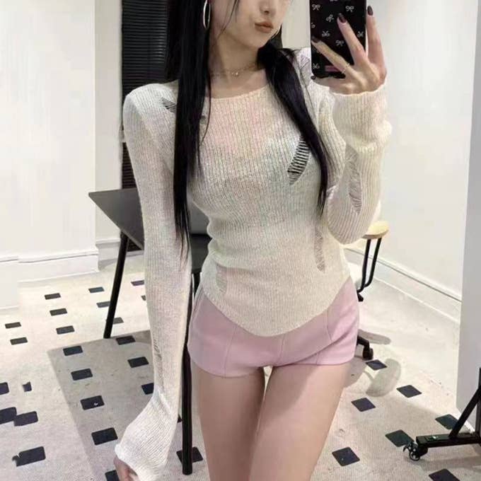 LINE-NECK HOLLOWED-OUT SUNSCREEN SWEATER