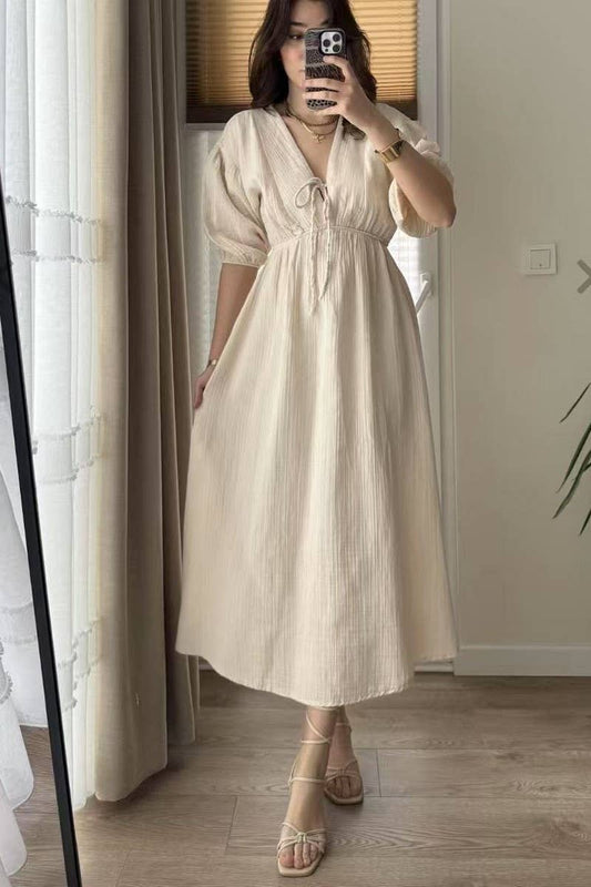 CWDMD5840_V-NECK PUFF SLEEVE SLIM FIT A-LINE DRESS