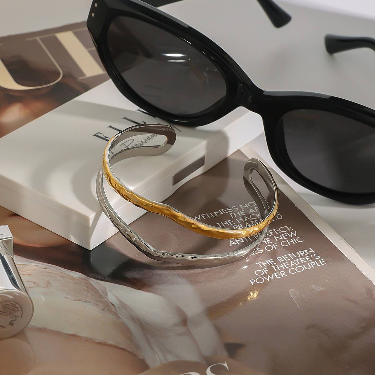 18K Gold Silver Hammered Double Layer Cuff_