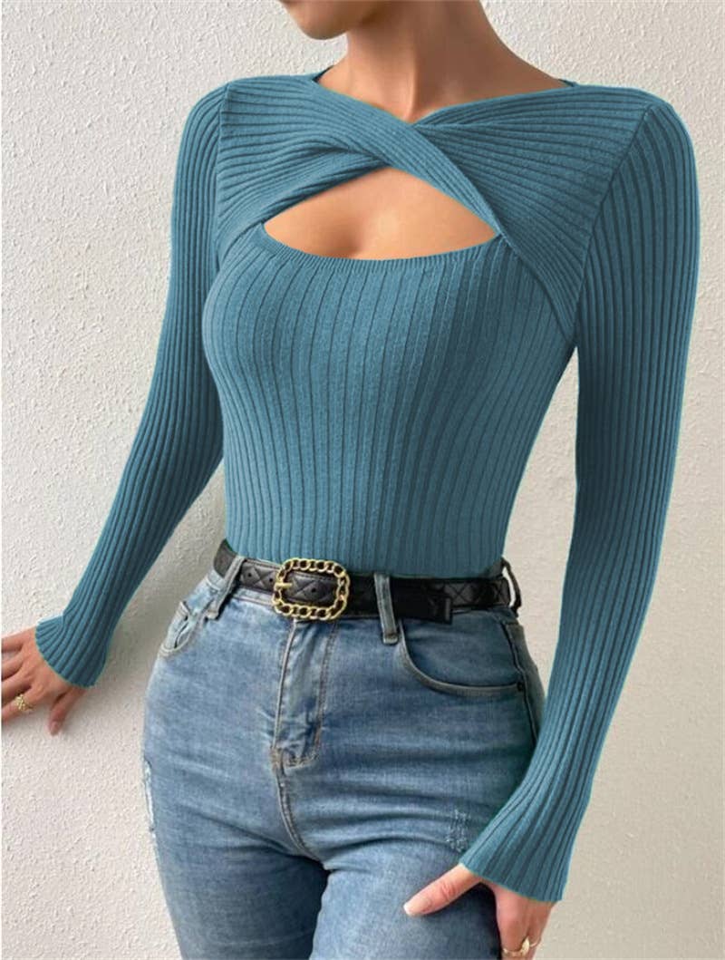 Sexy cut-out pullover solid-color knitted top