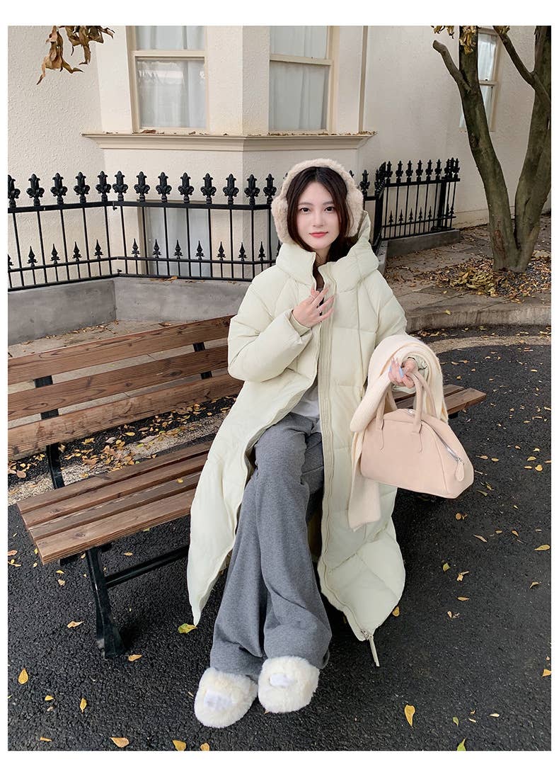 Temperament hooded knee-thick cotton-jacket