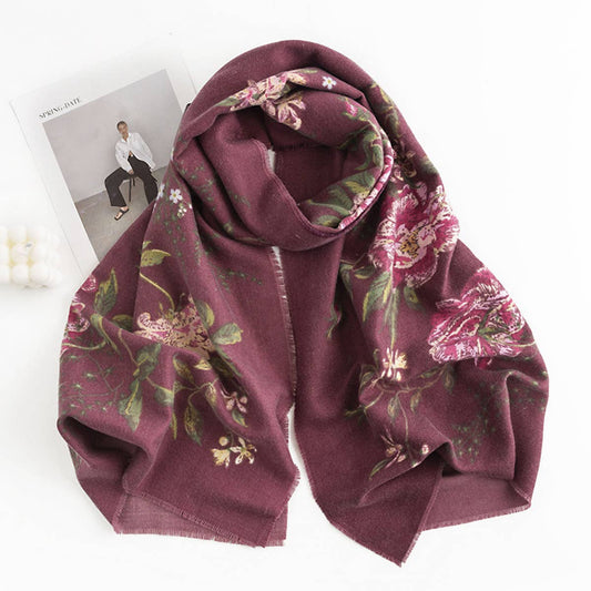 Rose Print Tassel Scarf - Boho Faux Cashmere Wrap