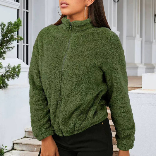 LONG SLEEVE SOLID COLOR PLUSH LOOSE WARM CARDIGAN