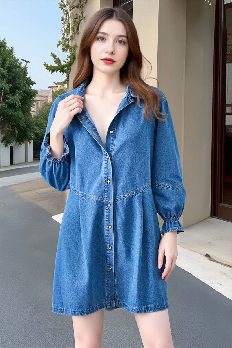 CWDSD10891_WASHED LONG-SLEEVED PANELED DENIM DRESS