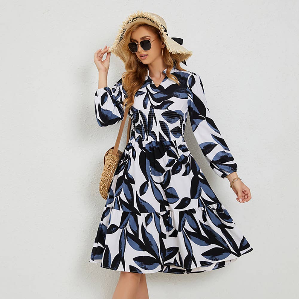 PRINT COMMUTER LONG-SLEEVED DRESS WITH WAIST