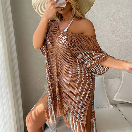 FRINGED CUTOUT BIKINI BEACH SWIMSUIT COVER UP
