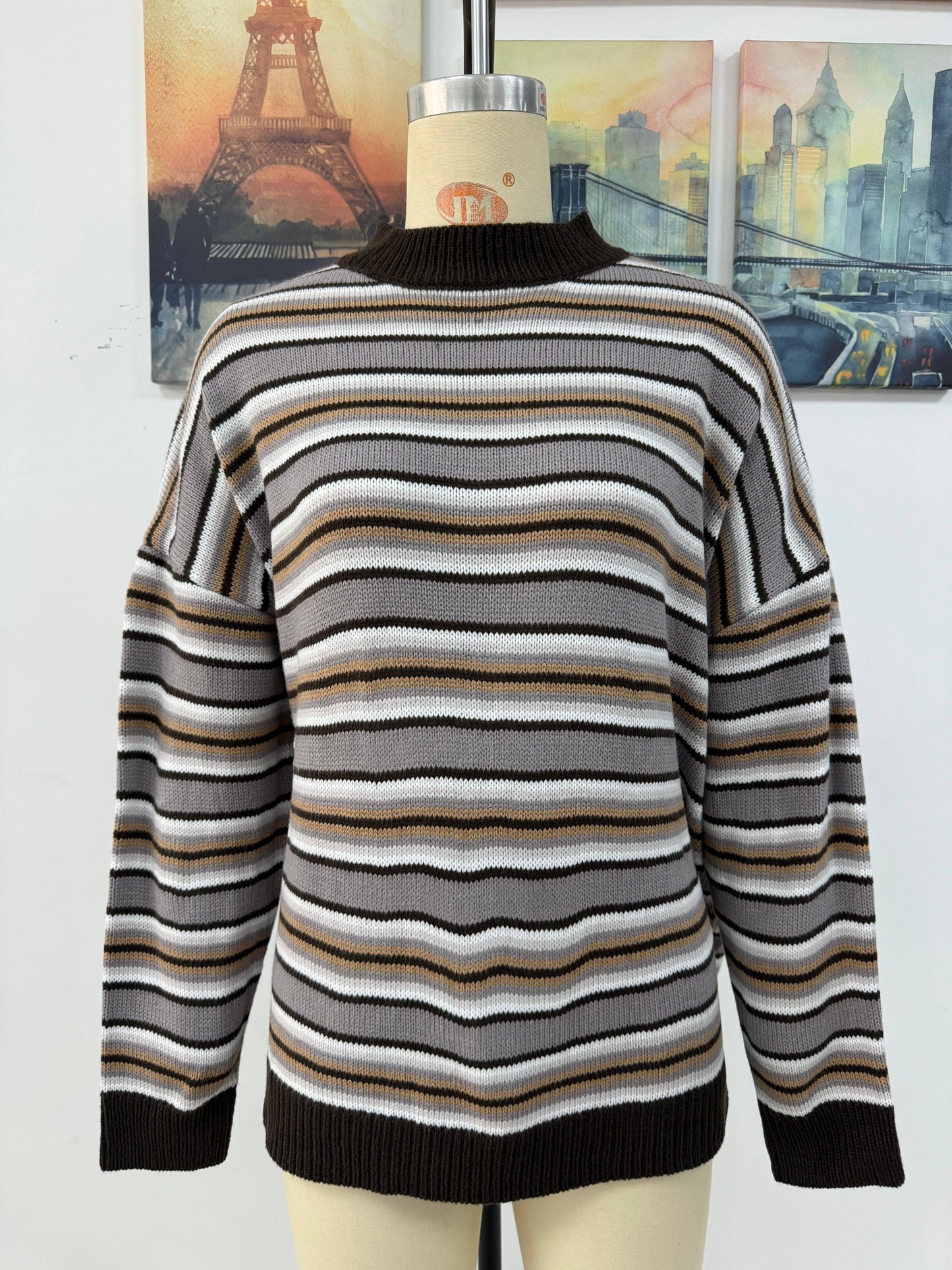 STRIPED KNIT CREWNECK PULLOVER SWEATER